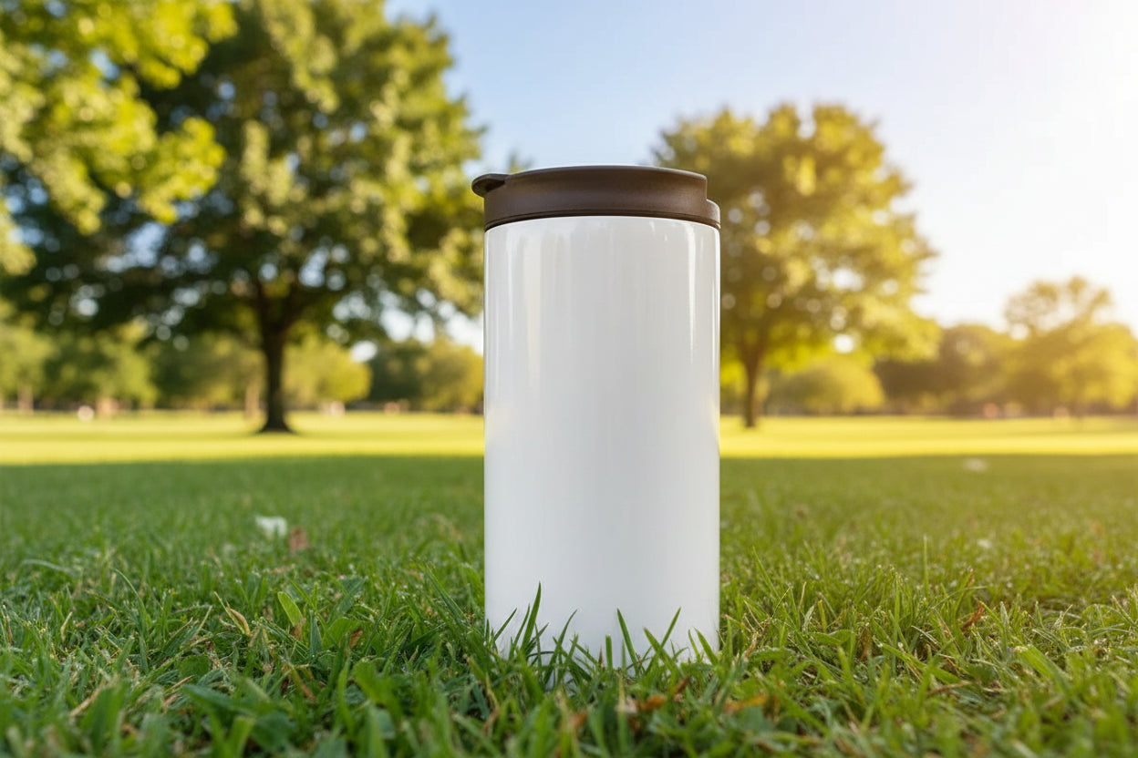 White tumbler with a black lid on a white background