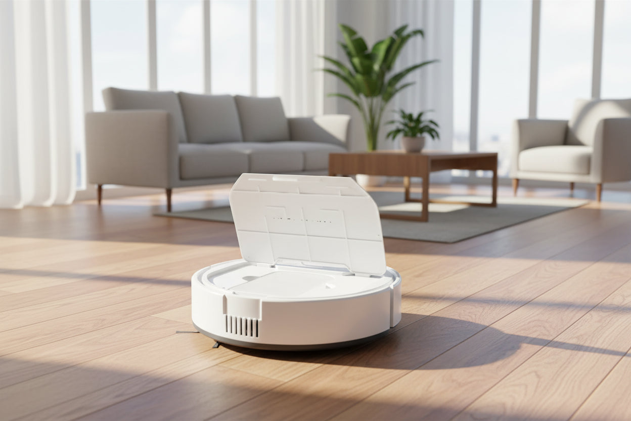 White robot vacuum cleaner on a white background